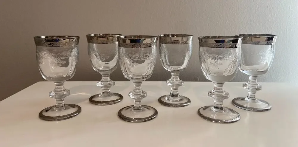 Vintage Murano Medici Small Liquor MCM Crystal Glasses, Platinum Rim, Set of 6